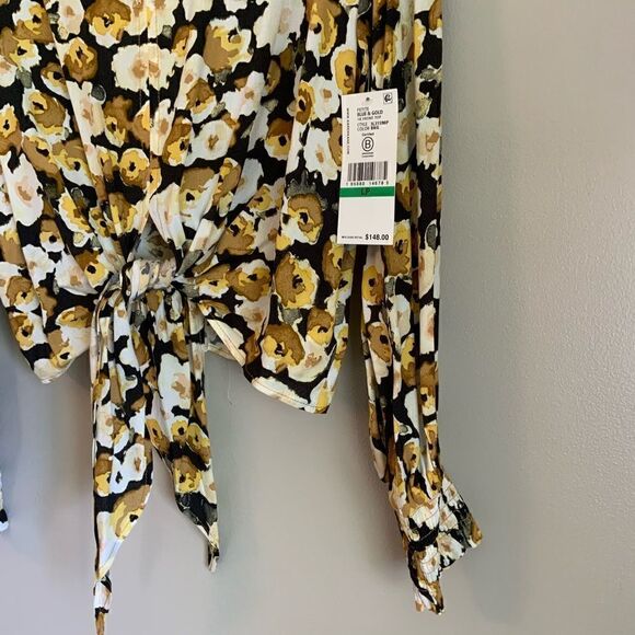 Karen Kane PETITE Large Black & Gold Tie Front Button Down Women’s Blouse NWT - Picture 8 of 15